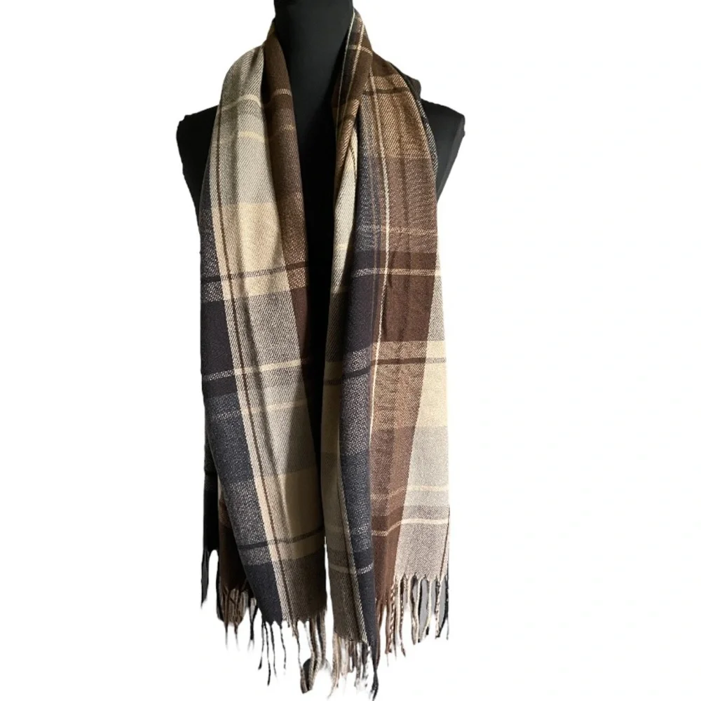 Oversized Brown Tan Plaid Blanket Scarf Wrap | Fringe Neutral Winter Shawl